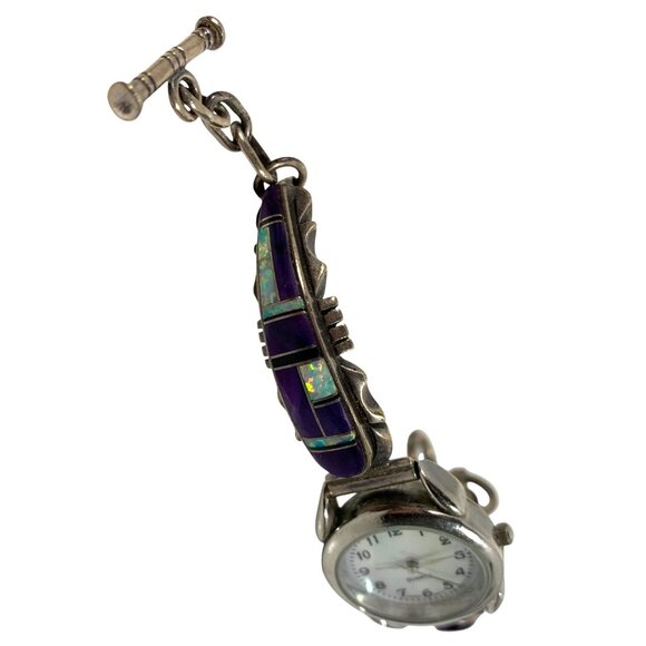 Vintage Sterling Silver Signed Native American Charoite Opal Watch UNTESTED - Picture 2 of 8